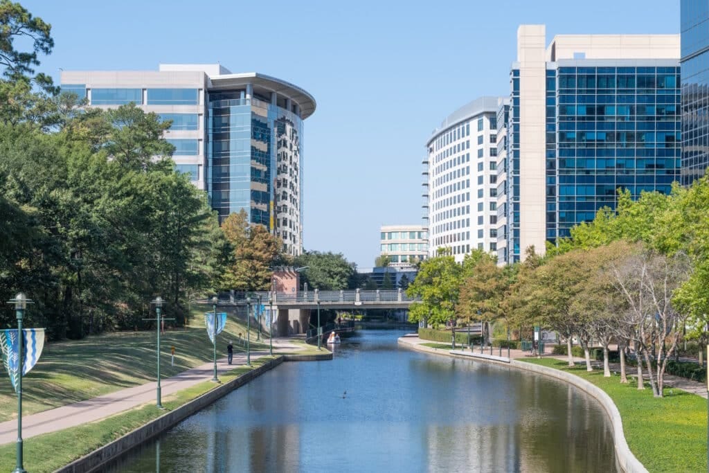 A view of The Waterway in The Woodlands, Texas.