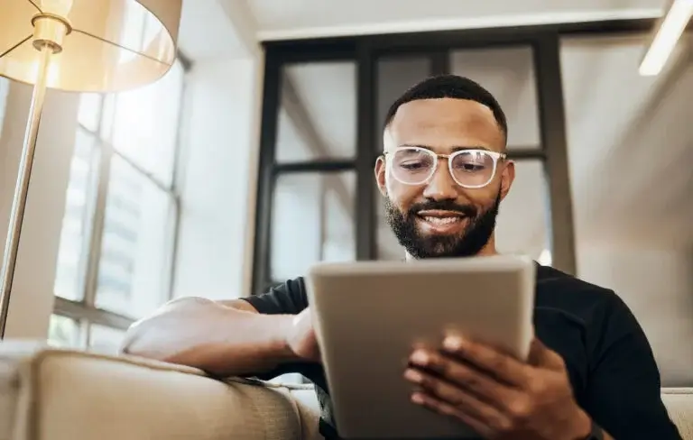 Black man, tablet and smile for social media